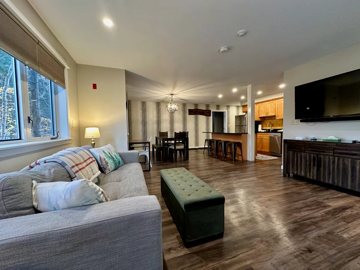 This image captures the open-concept living space, featuring a comfortable sofa, a dining table, a spacious kitchen island, and a television. The area is bright, inviting, and designed for both group gatherings and relaxation, with large windows allowing natural light to flood in.